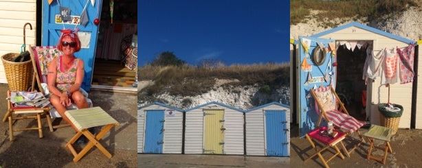 Lili Sanchez sitting in deck chair outside her beach hut, beach huts exterior, Lili's beach hut exterior