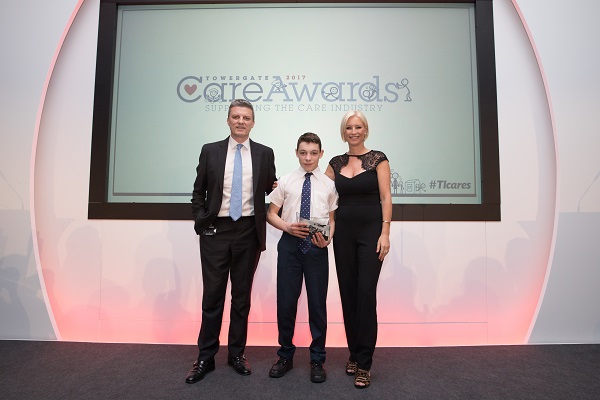 Towergate CEO David Ross, Towergate Care Awards 2017 winner Joshua Welch, Denise Van Outen